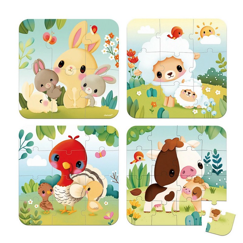 Set 4 puzzle evolutivi per bambini dai 2 anni in su a tema animali della fattoria: da 6, a 9, a 12 a 16 pezzi